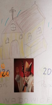 Laurki wykonanych przez dzieci z SP7 w Cieszynie z okazji setnych urodzin Jana Pawła II 2020